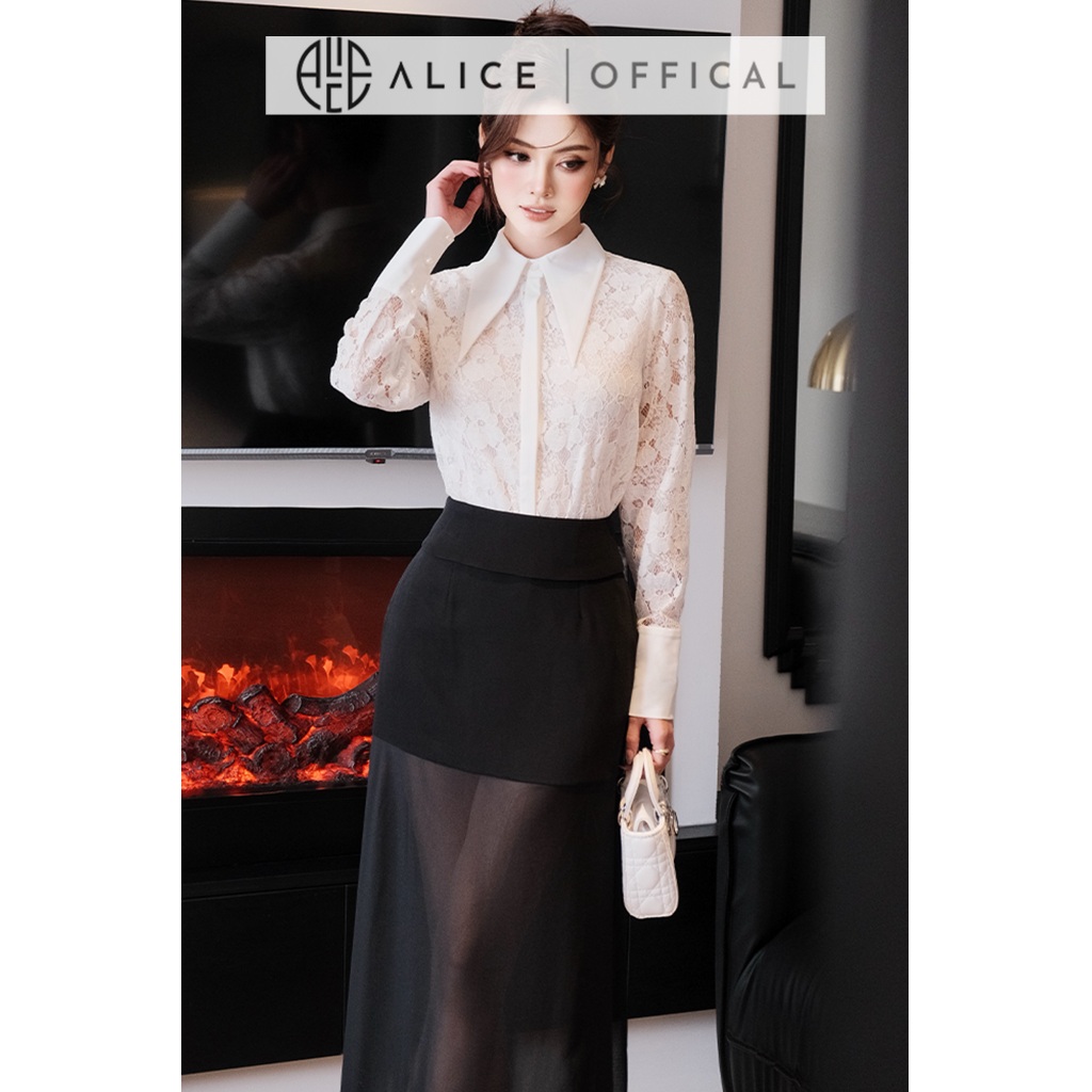 Set Đồ Công Sở Alice, Áo Sơ Mi Ren Trắng Phối Chéo Ý, Chân Váy Lưới Chun Dáng Dài Thanh Lịch S1068