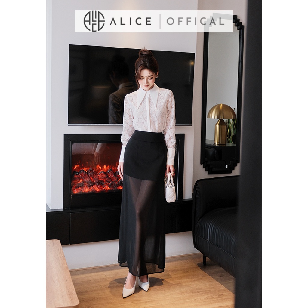 Set Đồ Công Sở Alice, Áo Sơ Mi Ren Trắng Phối Chéo Ý, Chân Váy Lưới Chun Dáng Dài Thanh Lịch S1068