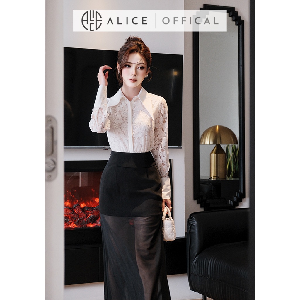 Set Đồ Công Sở Alice, Áo Sơ Mi Ren Trắng Phối Chéo Ý, Chân Váy Lưới Chun Dáng Dài Thanh Lịch S1068