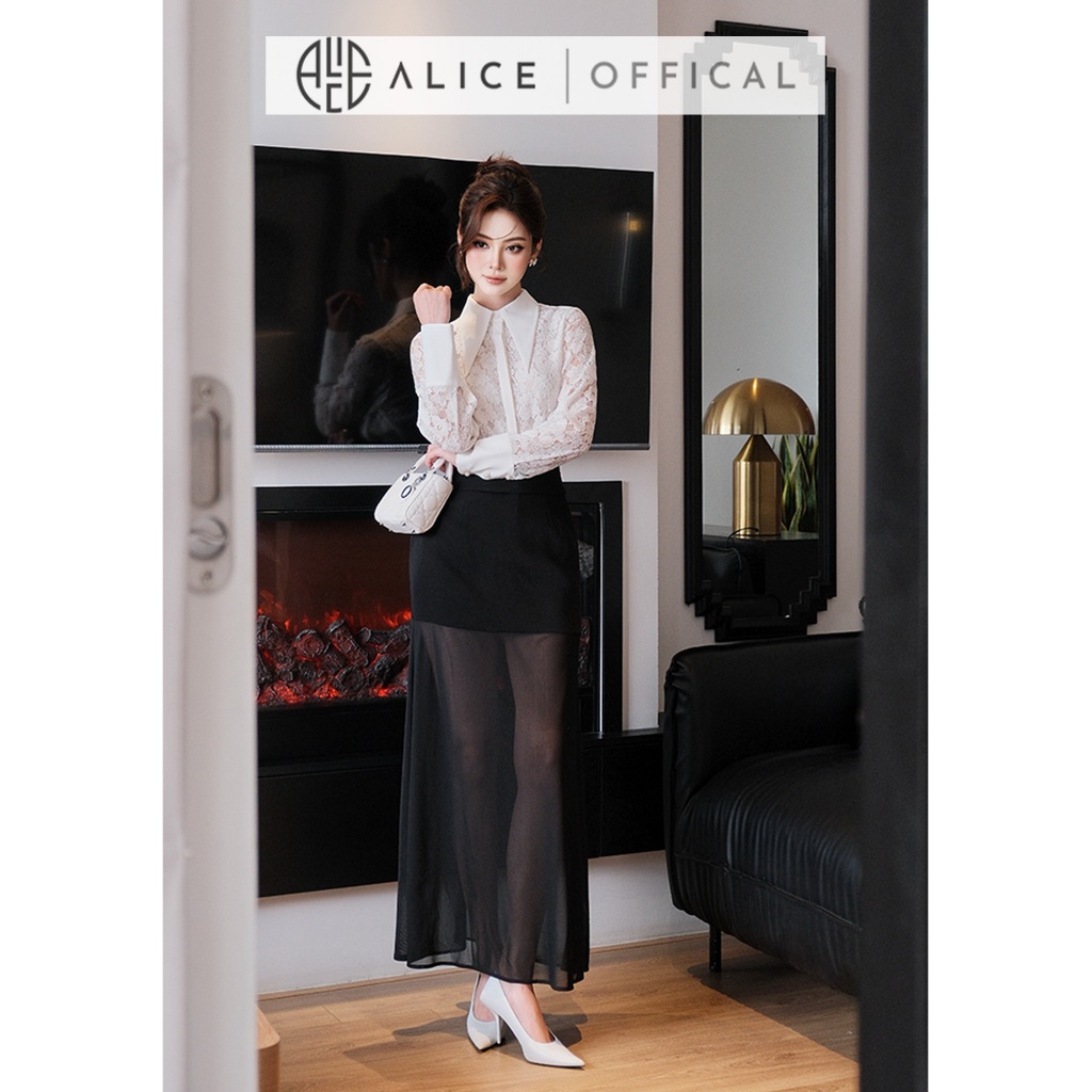 Set Đồ Công Sở Alice, Áo Sơ Mi Ren Trắng Phối Chéo Ý, Chân Váy Lưới Chun Dáng Dài Thanh Lịch S1068