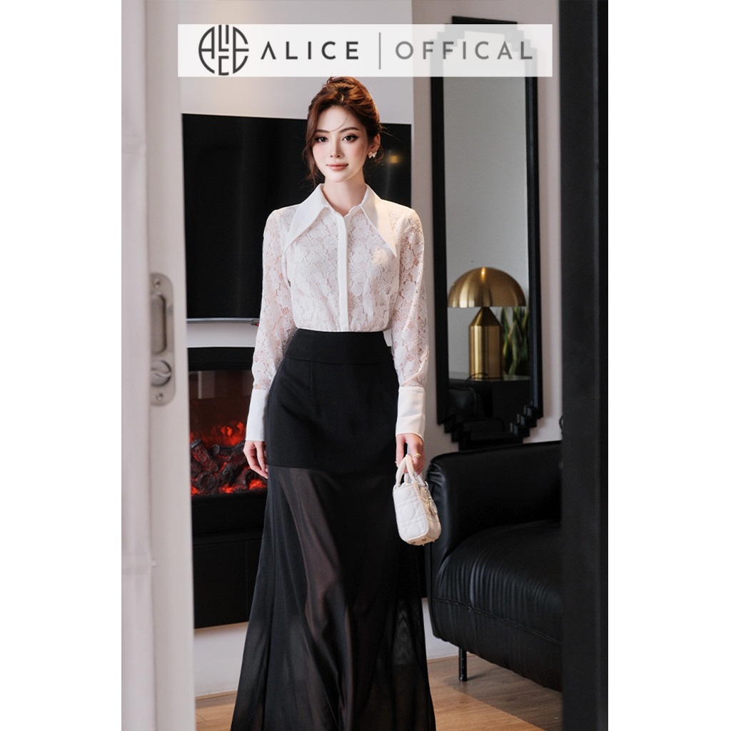Set Đồ Công Sở Alice, Áo Sơ Mi Ren Trắng Phối Chéo Ý, Chân Váy Lưới Chun Dáng Dài Thanh Lịch S1068