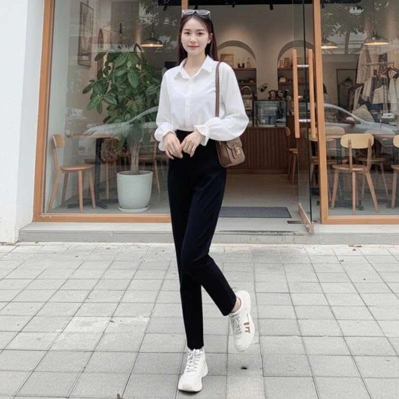 Quần tây ống đứng nữ 2 khuy cạp lưng cao dáng quần vải ống đứng nữ màu xanh đen học sinh đi học công sở