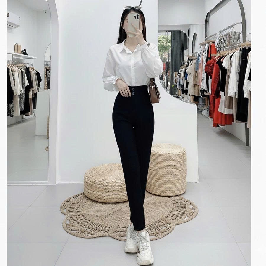 Quần tây ống đứng nữ 2 khuy cạp lưng cao dáng quần vải ống đứng nữ màu xanh đen học sinh đi học công sở