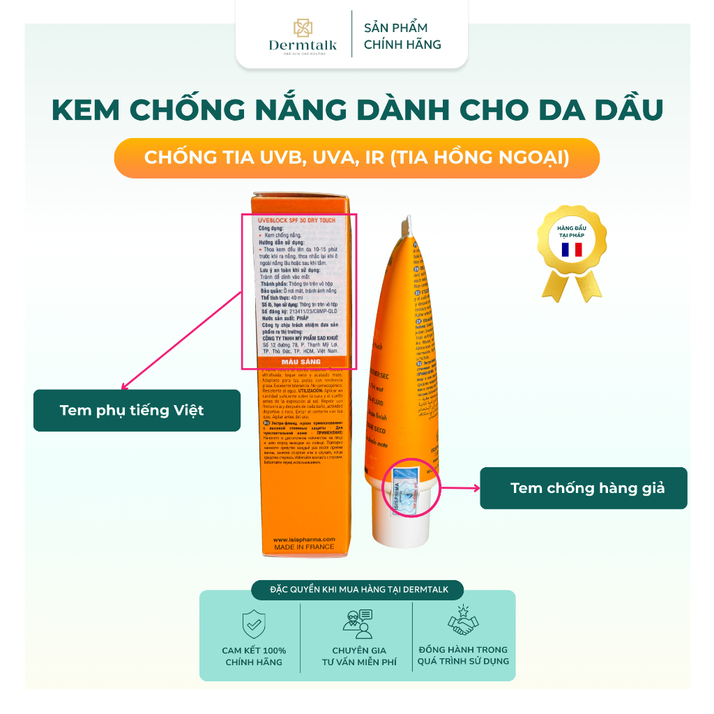 Kem chống nắng dành cho da dầu Isispharma UVEBLOCK SPF 30 Dry touch 40ml - Kem chống nắng kiềm dầu, mịn lì tự nhiên