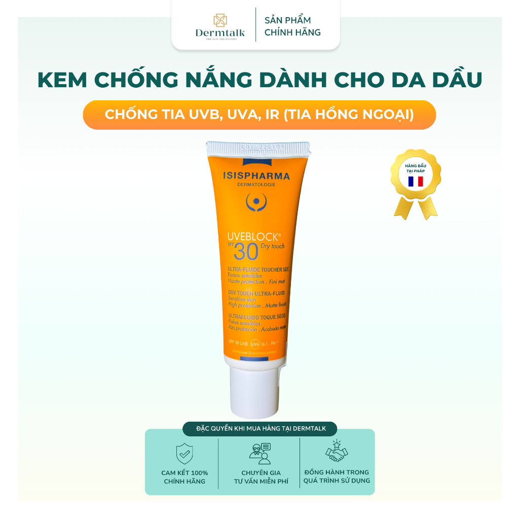 Kem chống nắng dành cho da dầu Isispharma UVEBLOCK SPF 30 Dry touch 40ml - Kem chống nắng kiềm dầu, mịn lì tự nhiên