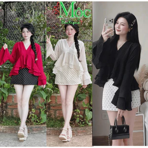 Set váy ngắn, set nữ đi chơi áo Tơ Gãy 2 lớp cổ V tay dài loe bèo tầng kèm váy chữ A Mango chấm bi