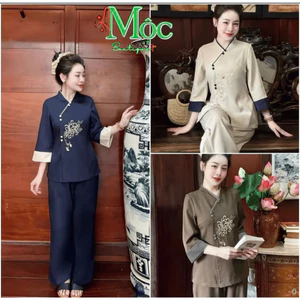 Set đồ lam, set đi chùa áo cổ V thêu hoa đẹp Vải Ruby nút bọc tay lửng phối kèm quần dài có túi