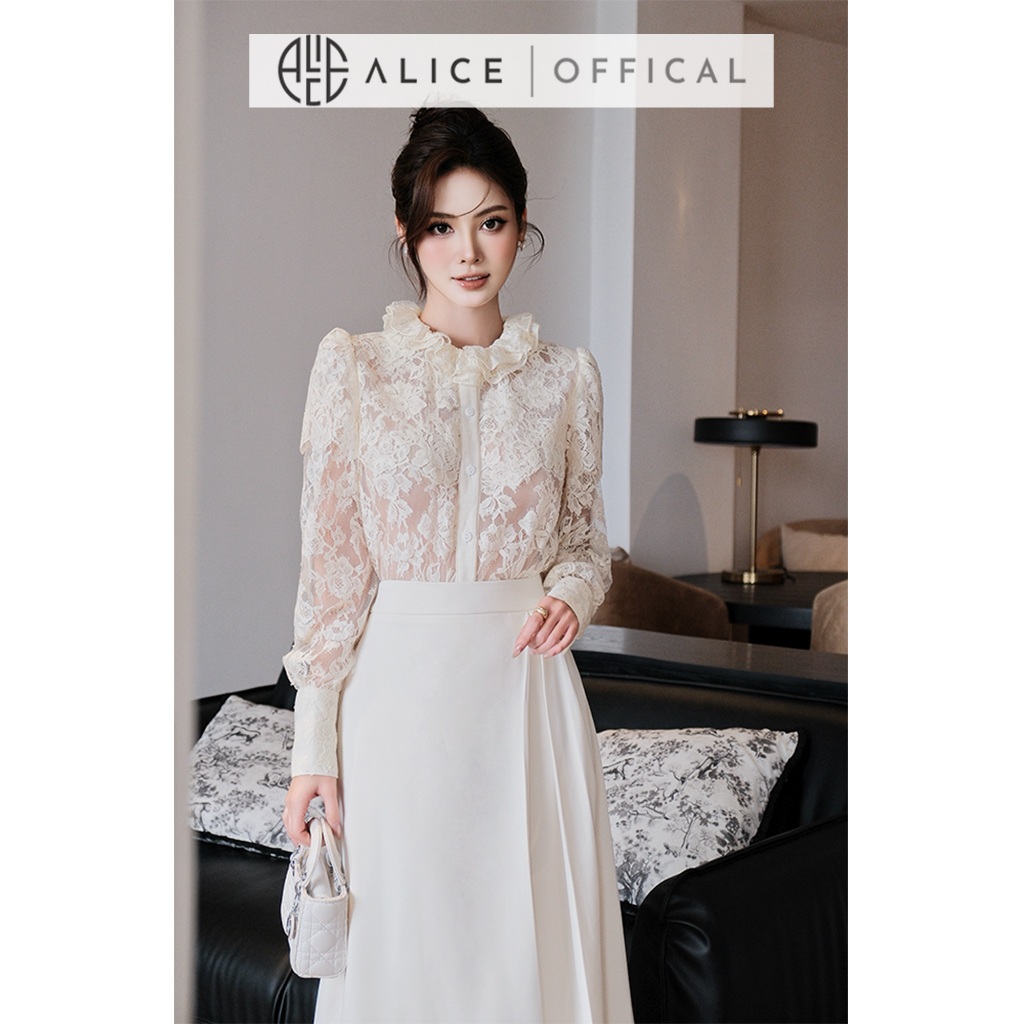 Set Váy Thanh Lịch Alice, Áo Ren Phối Lưới Cổ Bèo, Chân Váy Chéo Rubi Dáng Dài Xếp Ly Sang Chảnh S1069