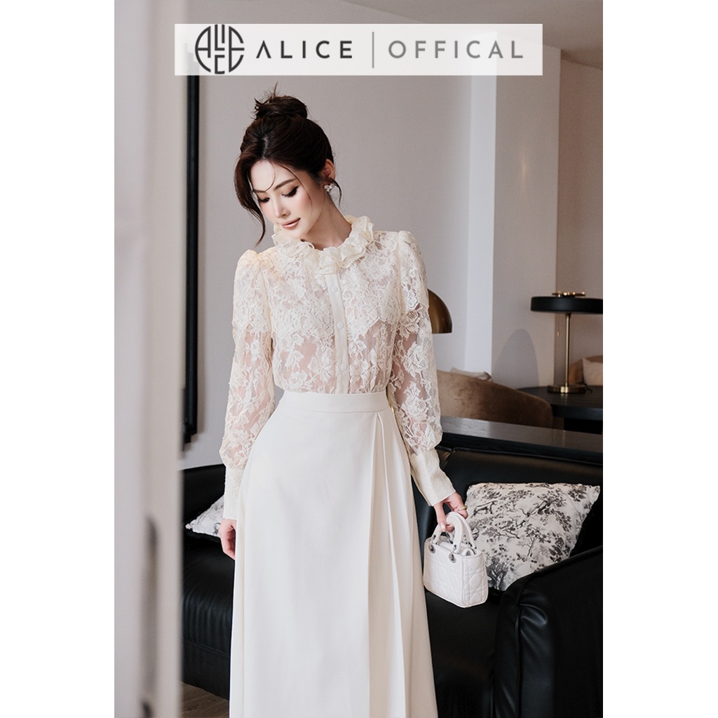 Set Váy Thanh Lịch Alice, Áo Ren Phối Lưới Cổ Bèo, Chân Váy Chéo Rubi Dáng Dài Xếp Ly Sang Chảnh S1069