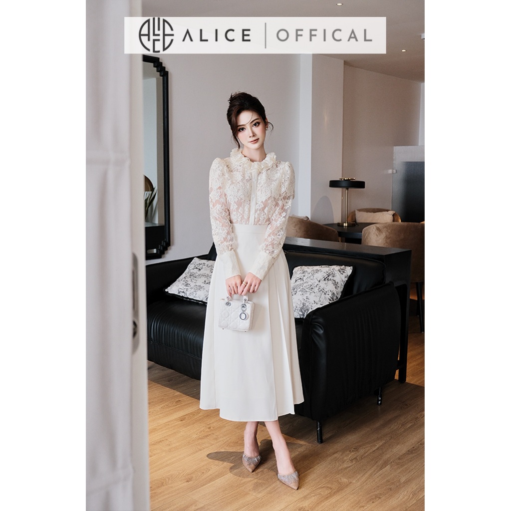 Set Váy Thanh Lịch Alice, Áo Ren Phối Lưới Cổ Bèo, Chân Váy Chéo Rubi Dáng Dài Xếp Ly Sang Chảnh S1069