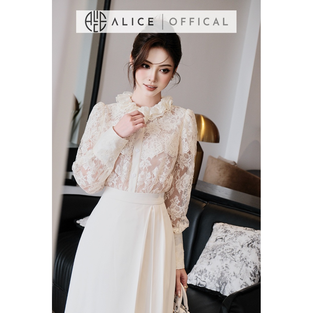 Set Váy Thanh Lịch Alice, Áo Ren Phối Lưới Cổ Bèo, Chân Váy Chéo Rubi Dáng Dài Xếp Ly Sang Chảnh S1069