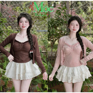 Set bộ 3 món, set đi chơi, áo Tăm đính nút mix khoác ngoài kèm váy ngắn Mango Ren 3 tầng