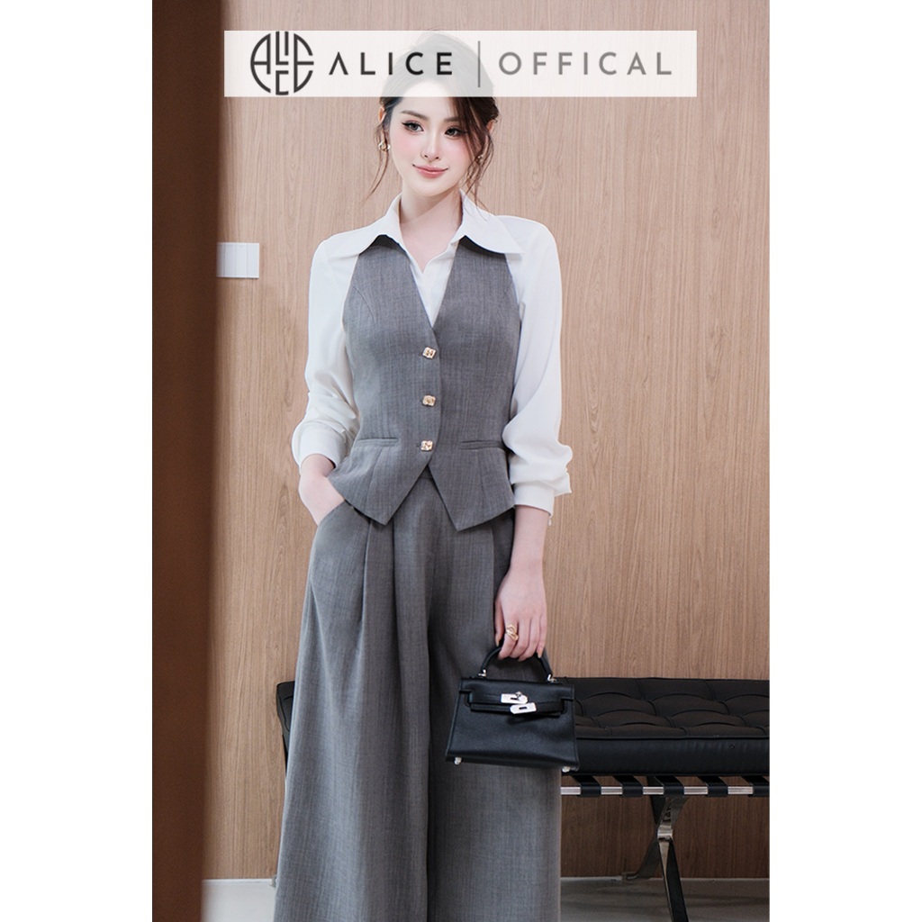 Set Đồ Công Sở Thanh Lịch Alice 3 Chi Tiết, Áo Sơ Mi Cổ Bẻ Bản To Phối Set Gile Chất Xước Thái A1074+S1075