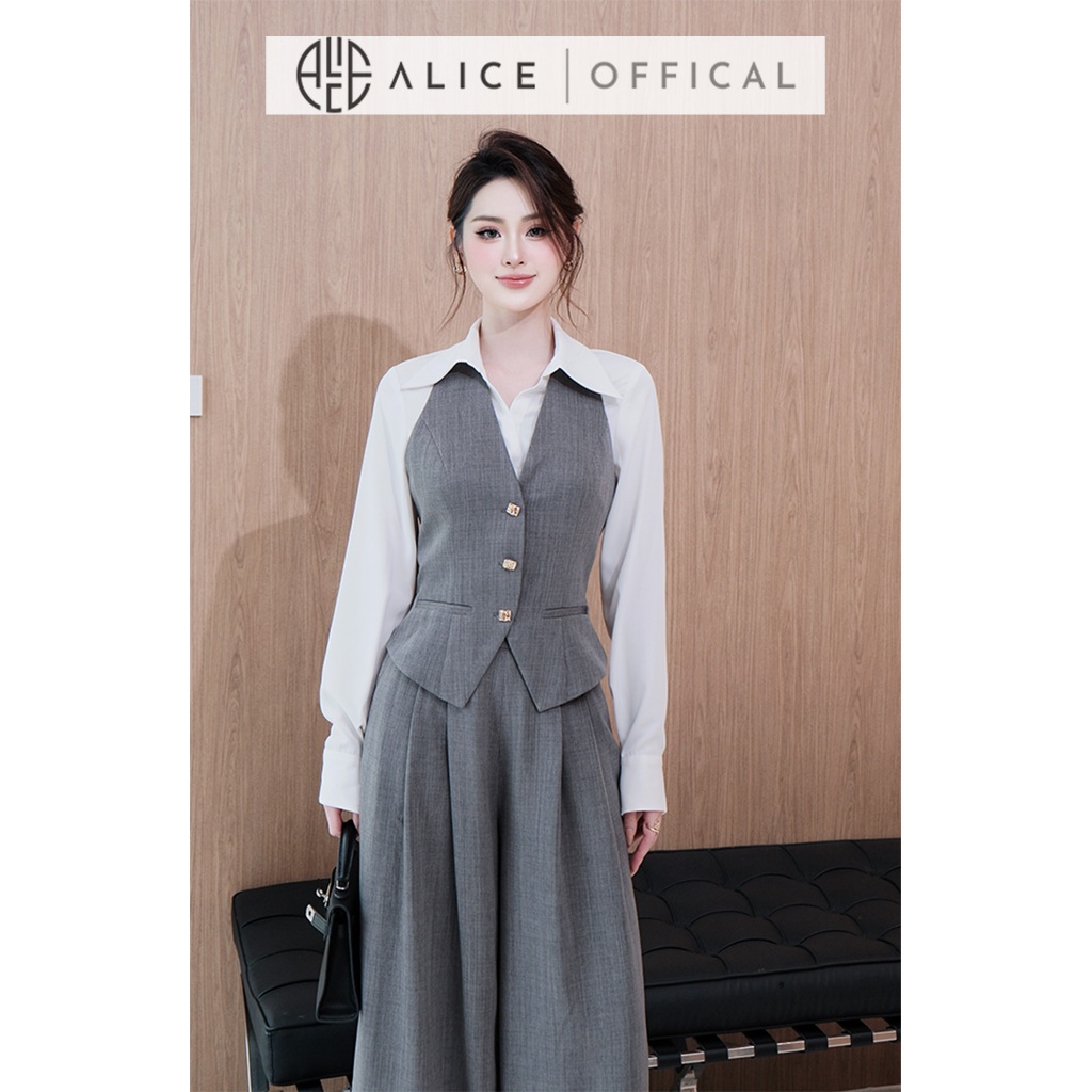 Set Đồ Công Sở Thanh Lịch Alice 3 Chi Tiết, Áo Sơ Mi Cổ Bẻ Bản To Phối Set Gile Chất Xước Thái A1074+S1075