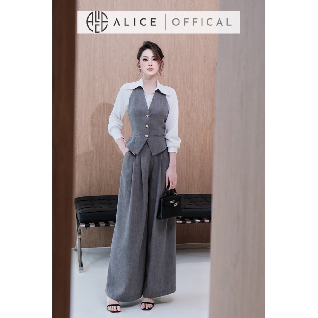 Set Đồ Công Sở Thanh Lịch Alice 3 Chi Tiết, Áo Sơ Mi Cổ Bẻ Bản To Phối Set Gile Chất Xước Thái A1074+S1075