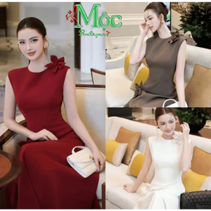 DX_ Đầm váy dài, đầm dự tiệc, thiết kế công sở thanh lịch Mango đính hoa vai cộc tay đính hoa eo