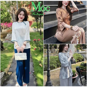 QC_ Set đồ lam,set áo Lam Gấm hoa nút tàu phối quần dài Tuyết Nhung thanh lịch