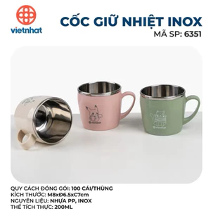 Cốc uống nước 2 lớp, Cốc 2 lớp cách nhiệt, Cốc Inox bọc nhựa, Cốc có tay cầm dễ thương- VIỆT NHẬ