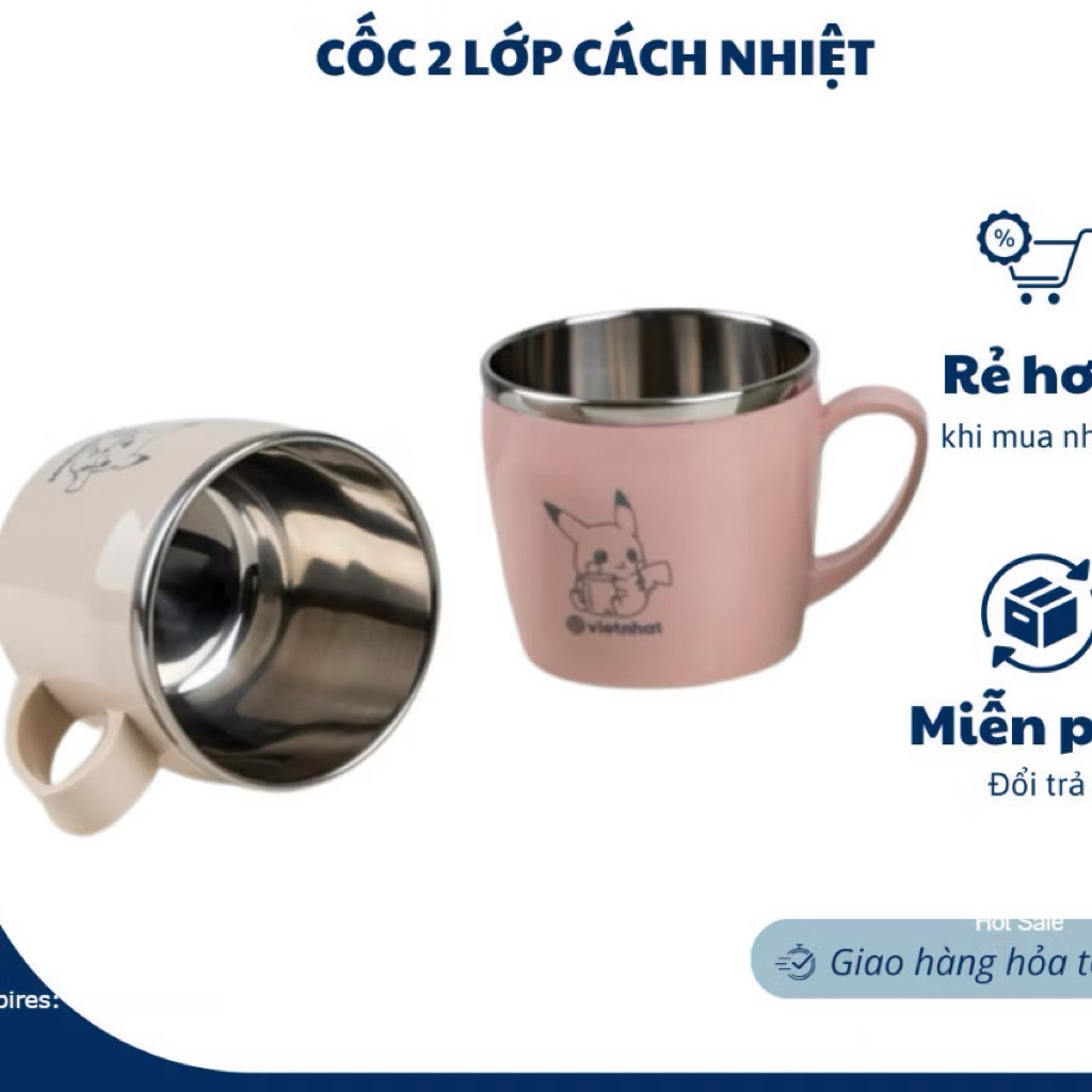 ( Giảm giá 40%) Cốc uống nước 2 lớp, Cốc 2 lớp cách nhiệt, Cốc Inox bọc nhựa, Cốc có tay cầm dễ thương- VIỆT NHẬ