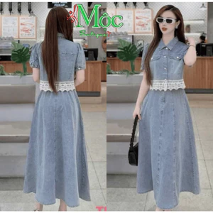 LS_Set đầm váy Jean, đồ công sở, set mặc hè, set áo tay búp cổ bẻ phối Ren mix chân váy dài