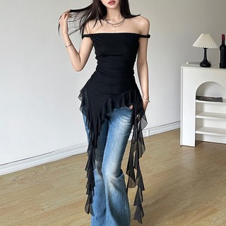 Nova áo ống lưới tua rua (áo cúp sẵn mút) Y2K tôn dáng sexy