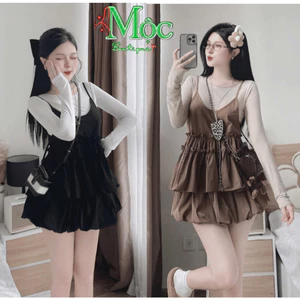 Set bộ 3 món, set hè áo trong Voan Tơ kèm áo yếm ngoài phối chân váy bí hai lớp Dù Gió Nhăn ngắn