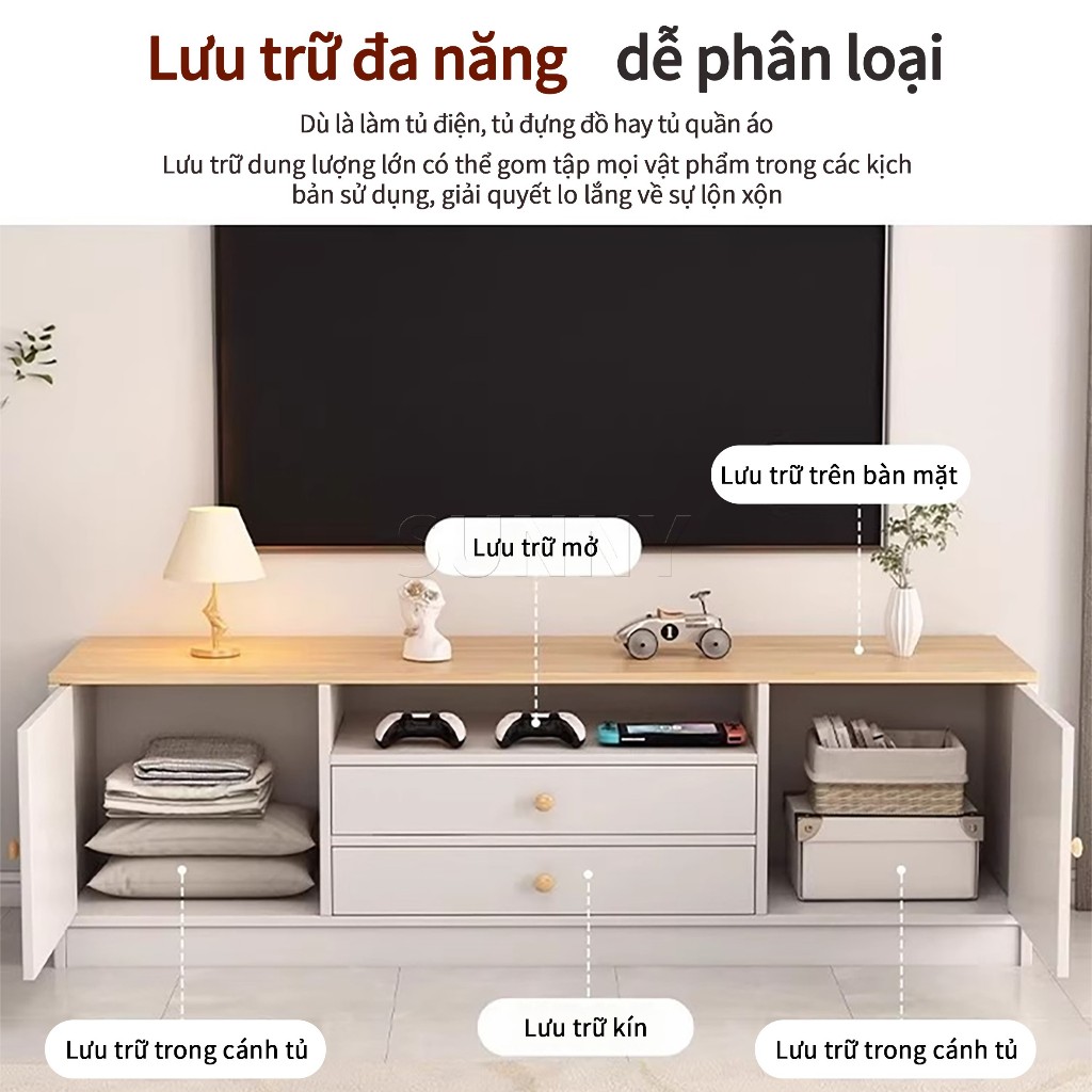 Sunny Tủ TV Kệ TV 2 Cánh 2 Ngăn Kéo Đặt Sàn Cho Phòng Khách Hiện Đại Đa Năng