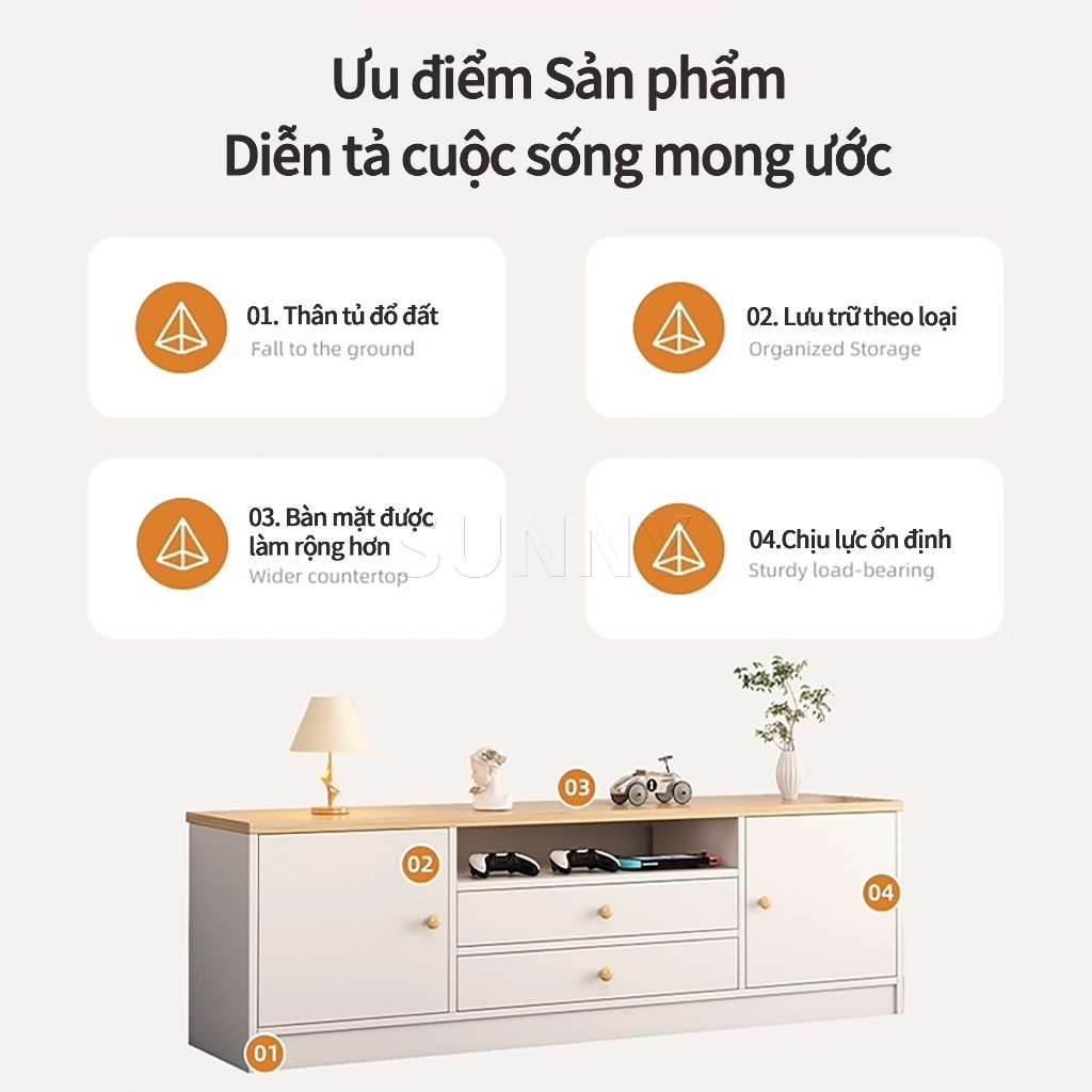 Sunny Tủ TV Kệ TV 2 Cánh 2 Ngăn Kéo Đặt Sàn Cho Phòng Khách Hiện Đại Đa Năng