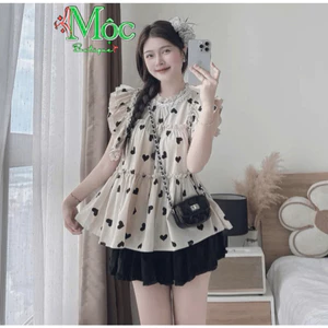 QC_Set váy ngắn, mặc hè, đồ thiết kế áo Cotton Lạnh in tim phối chân váy Lụa ngắn nhún tầng xinh