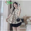 QC_Set váy ngắn, mặc hè, đồ thiết kế áo Cotton Lạnh in tim phối chân váy Lụa ngắn nhún tầng xinh