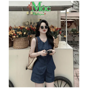 DX_ Set bộ đùi, set Jean nữ, mặc hè, set áo gile không tay nút gài mix quần short Chất Jean cứng