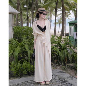 Set Bikini Đi Biển, Set Sơ Mi Trắng Tay Dài Mix Quần Ống Rộng Sang Trọng Set Đồ Nữ Đẹp Mặc Đi Chơi Đi Biển