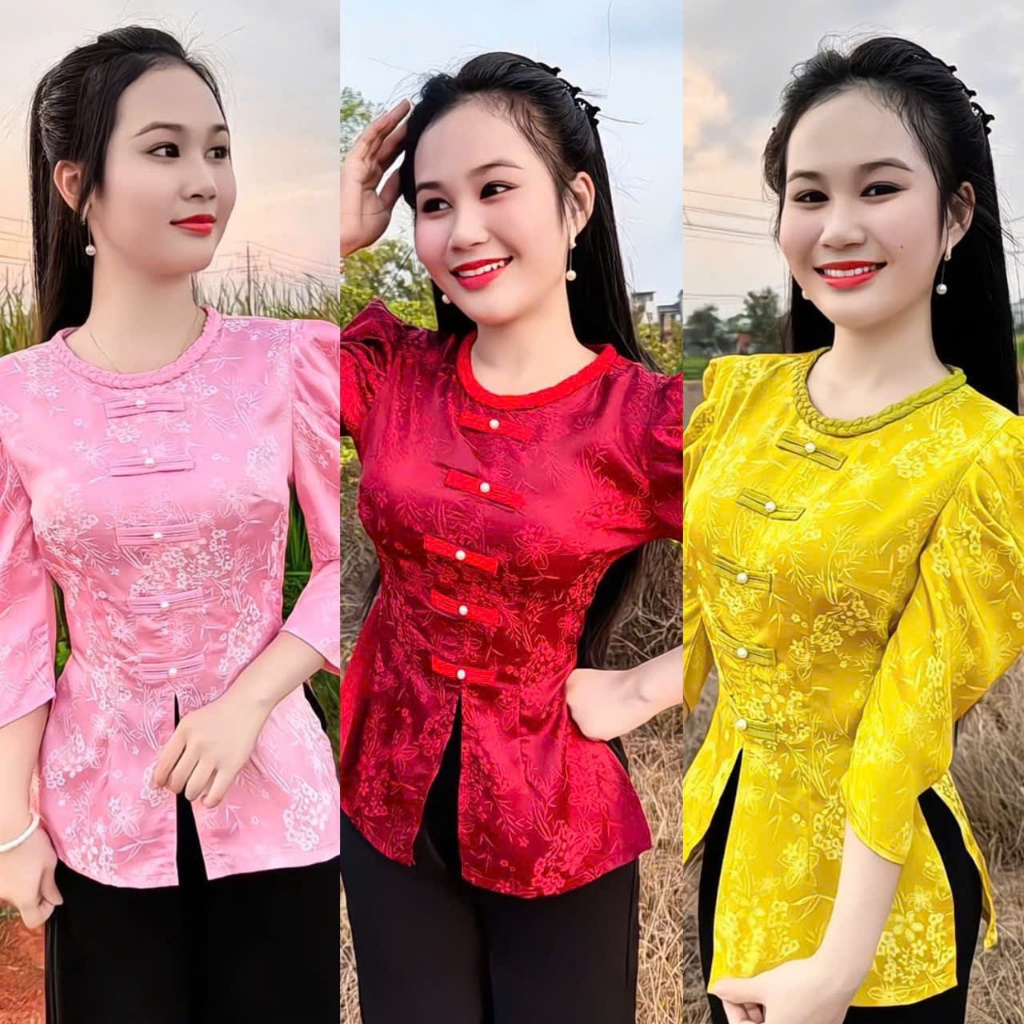 ÁO BÀ BA CỔ BÍNH NÚT NGỌC TAY PHÒNG CHẤT VẢI GẤM 2 DA ĐỦ SIZE S-3XL