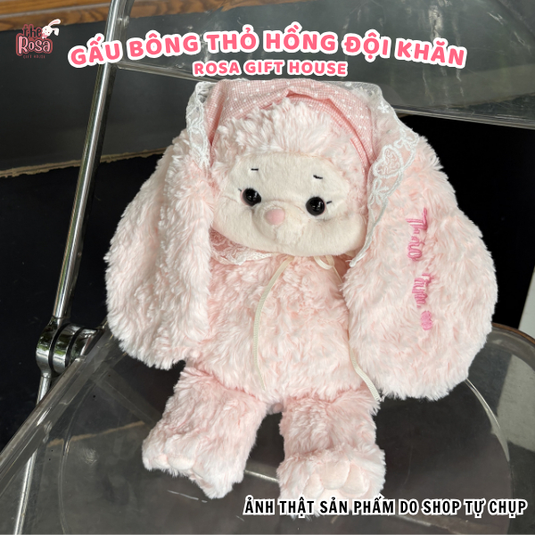 Gấu bông thỏ hồng đội khăn thêu tên theo yêu cầu – Thú nhồi bông dễ thương quà tặng cá nhân hóa 40CM