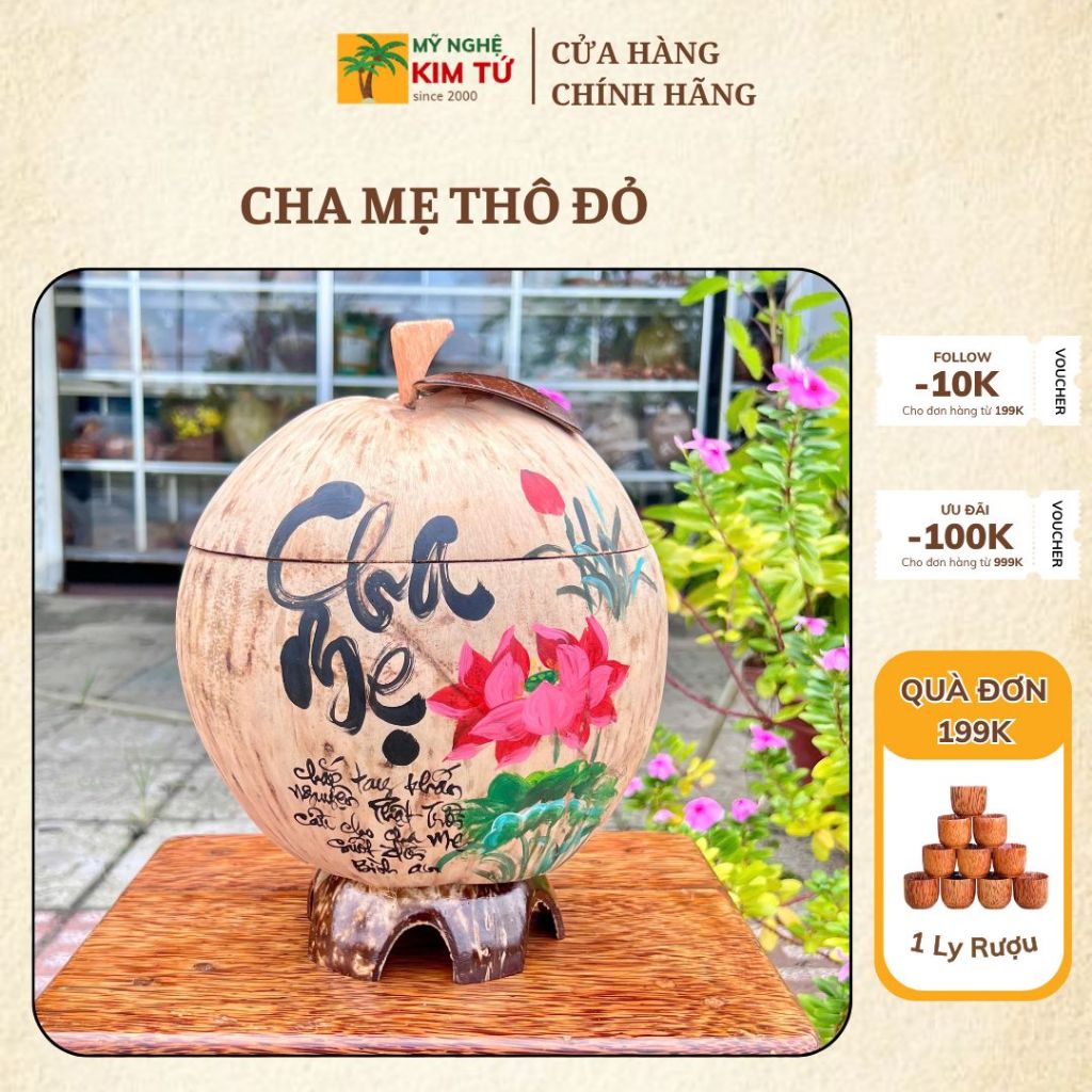 [ SIZE 800ML - 1000ML ] Bình Ủ Trái Dừa Vẽ Thư Pháp Mẫu CHA MẸ THÔ ĐỎ Giữ Nhiệt Ấm Trà Cao Cấp, Trang Trí Bàn Trà Sang