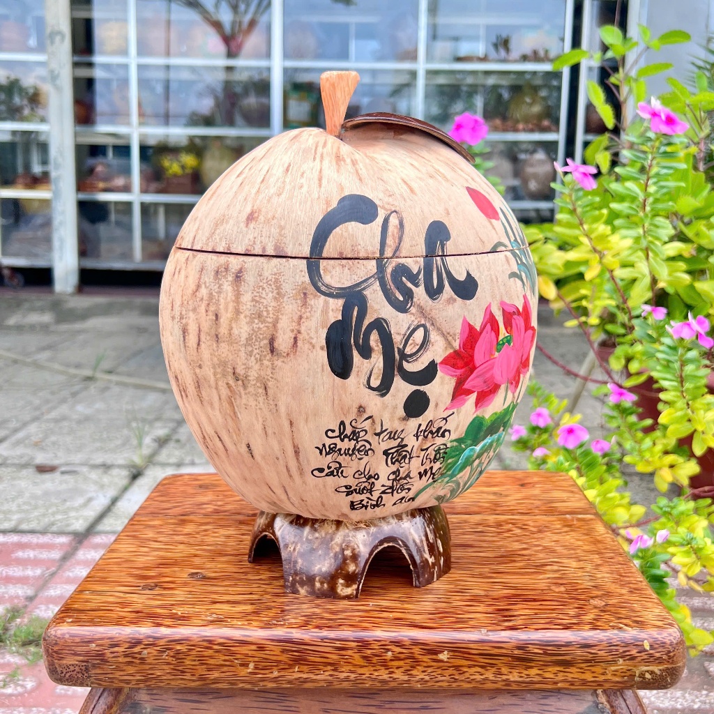 [ SIZE 800ML - 1000ML ] Bình Ủ Trái Dừa Vẽ Thư Pháp Mẫu CHA MẸ THÔ ĐỎ Giữ Nhiệt Ấm Trà Cao Cấp, Trang Trí Bàn Trà Sang