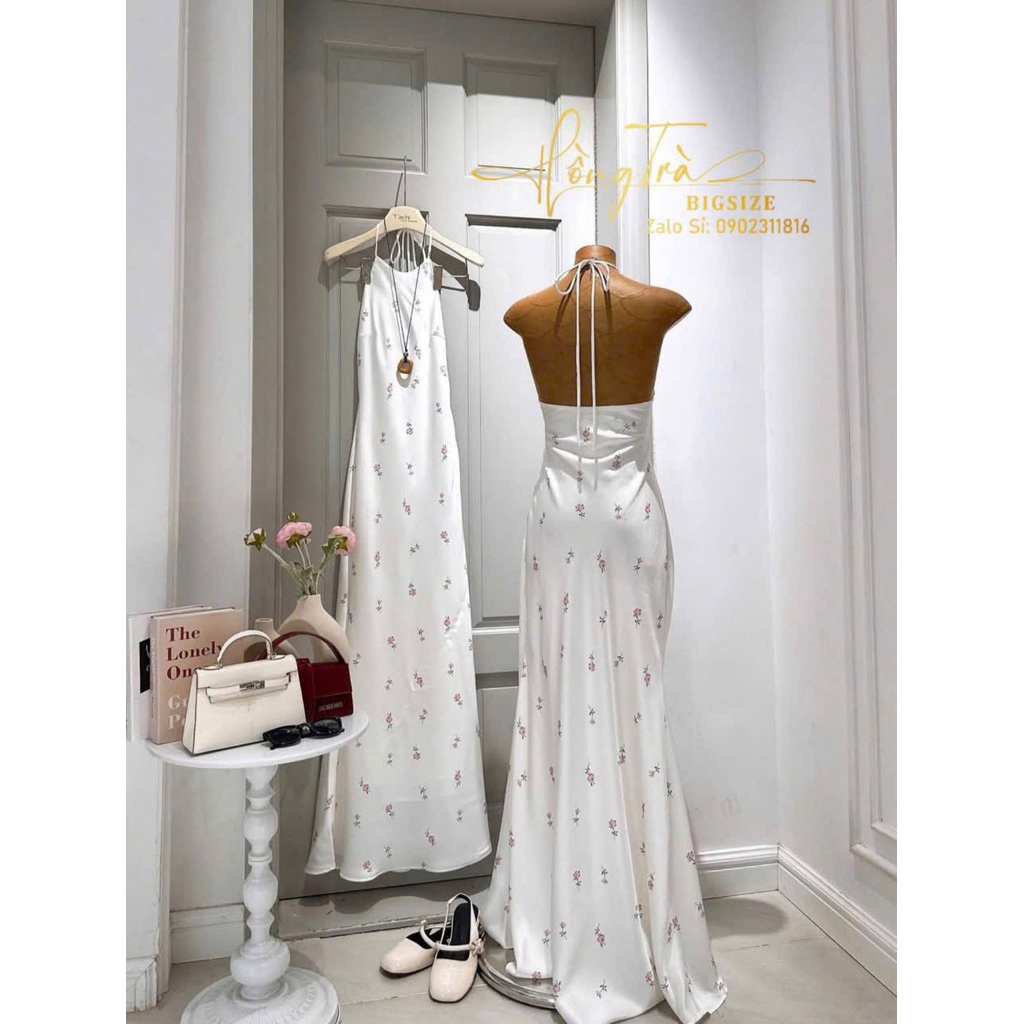 Đầm lụa cổ yếm, Đầm lụa Váy lụa hoa nhí cổ yếm cột dây siêu xinh