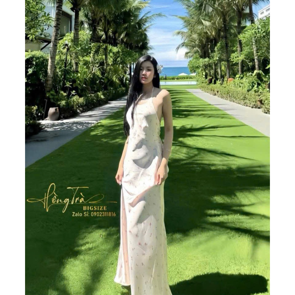 Đầm lụa cổ yếm, Đầm lụa Váy lụa hoa nhí cổ yếm cột dây siêu xinh
