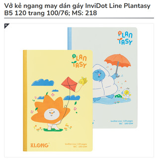KLONG - Vở Kẻ Ngang May Dán Gáy InviDot Line Plantasy B5 80 /120 /200 Trang 100/76: MS: 217 - 218 - 219