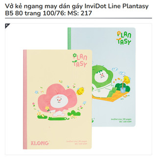 KLONG - Vở Kẻ Ngang May Dán Gáy InviDot Line Plantasy B5 80 /120 /200 Trang 100/76: MS: 217 - 218 - 219