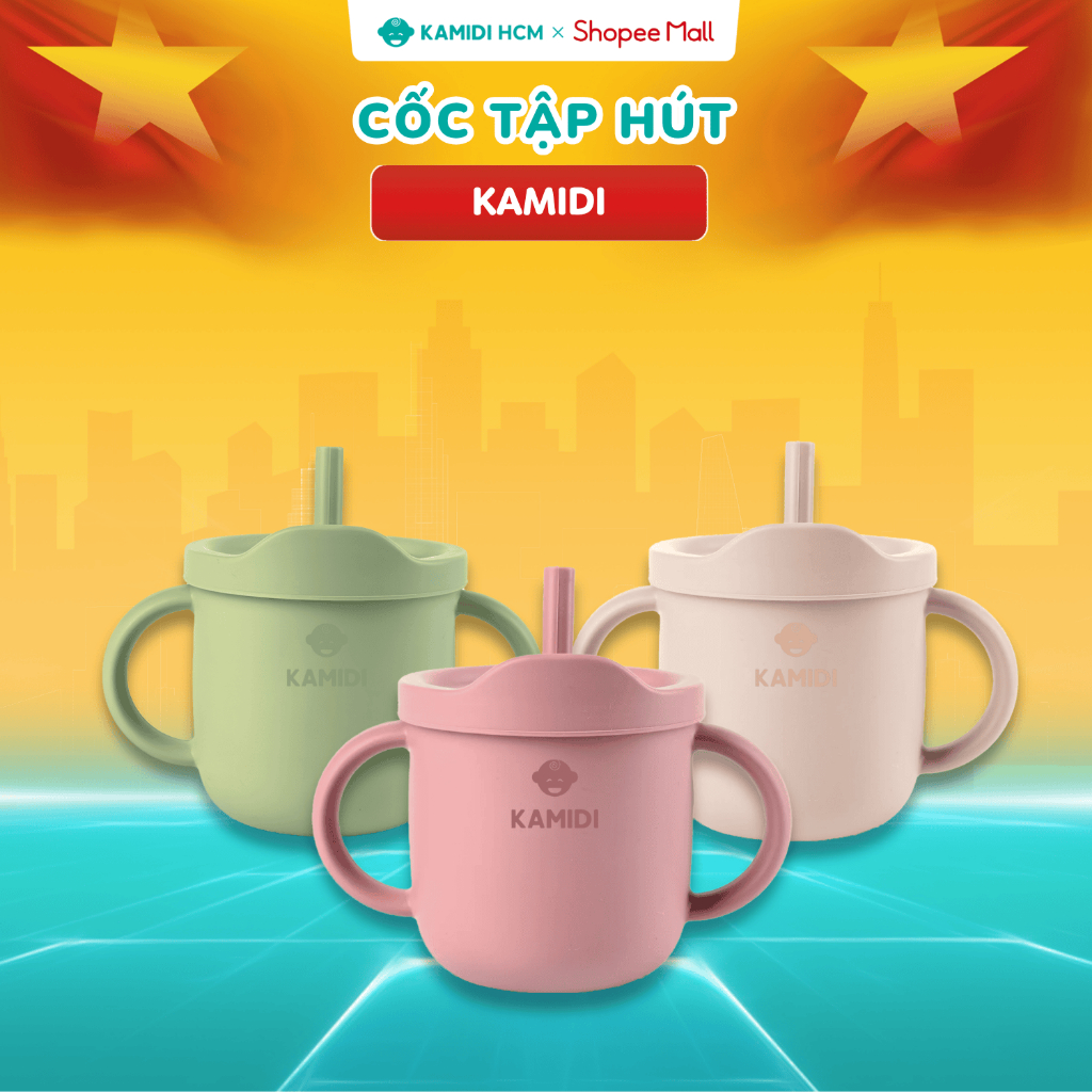 [HỎA TỐC HCM] Cốc Ăn Dặm Kamidi Chất Liệu Silicon Cao Cấp - Cốc Tập Uống Chống Đổ Chống Trượt An Toàn Cho Bé