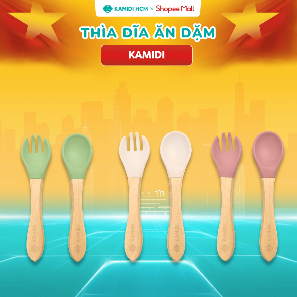 Bộ Thìa Dĩa Ăn Dặm Cho Bé Kamidi Silicone Cao Cấp Cán Gỗ An Toàn