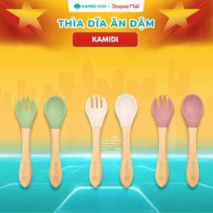 Bộ Thìa Dĩa Ăn Dặm Cho Bé Kamidi Silicone Cao Cấp Cán Gỗ An Toàn