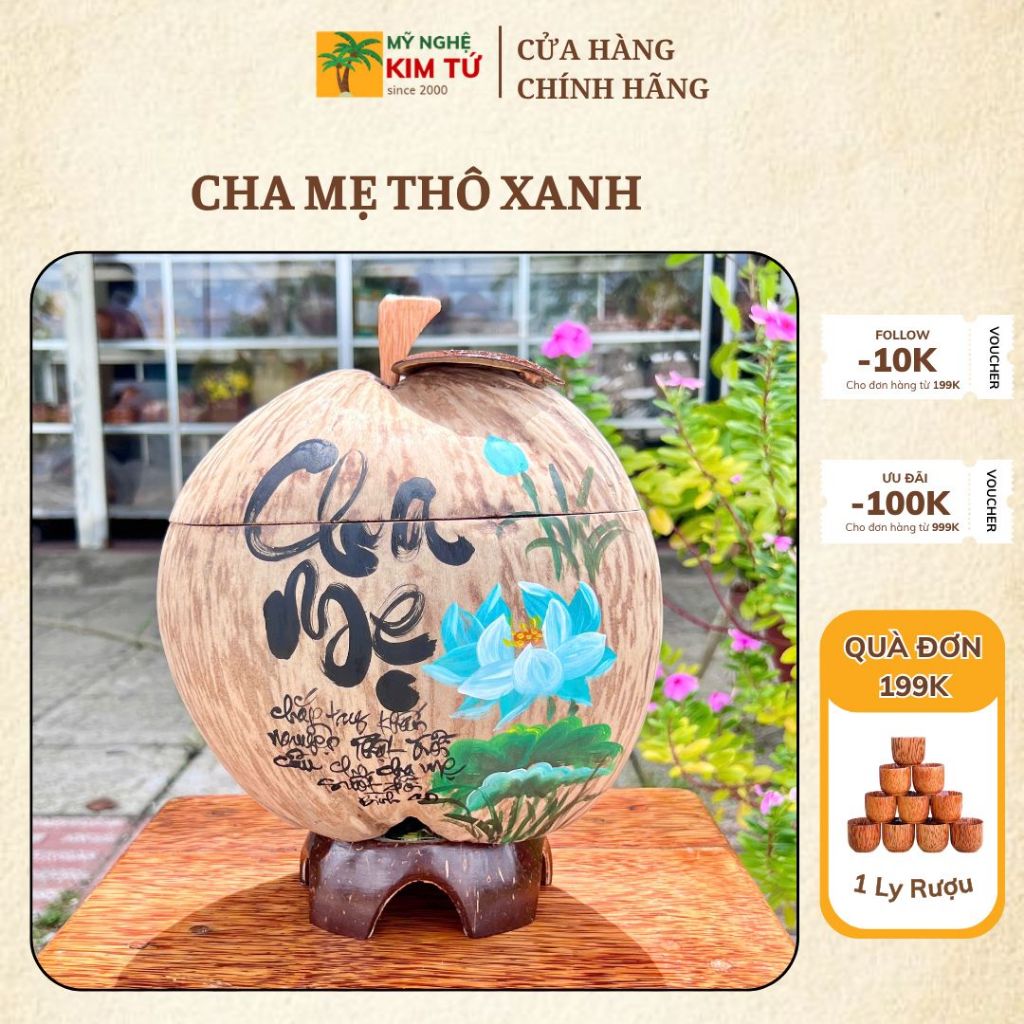 [SIZE 800ML - 1200ML] Bình Ủ Trái Dừa Vẽ Thư Pháp Mẫu CHA MẸ THÔ XANH Giữ Nhiệt Ấm Trà Cao Cấp, Trang Trí Bàn Trà Sang