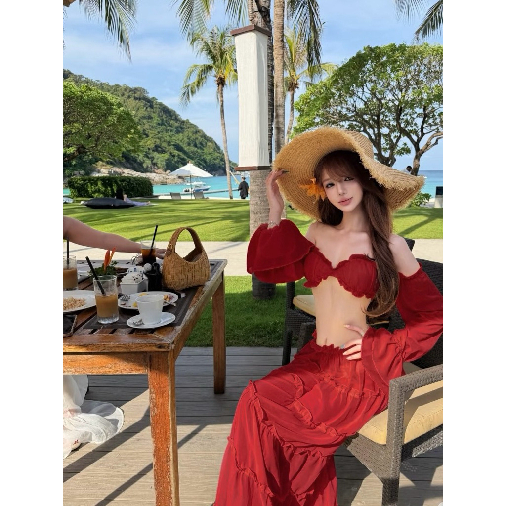 ( Loại 1 ) Set 3 Món Áo Tay Phồng + Quần Bikini + Chân Váy Dài Đi Biển Cao Cấp - 614 | BigBuy360 - bigbuy360.vn