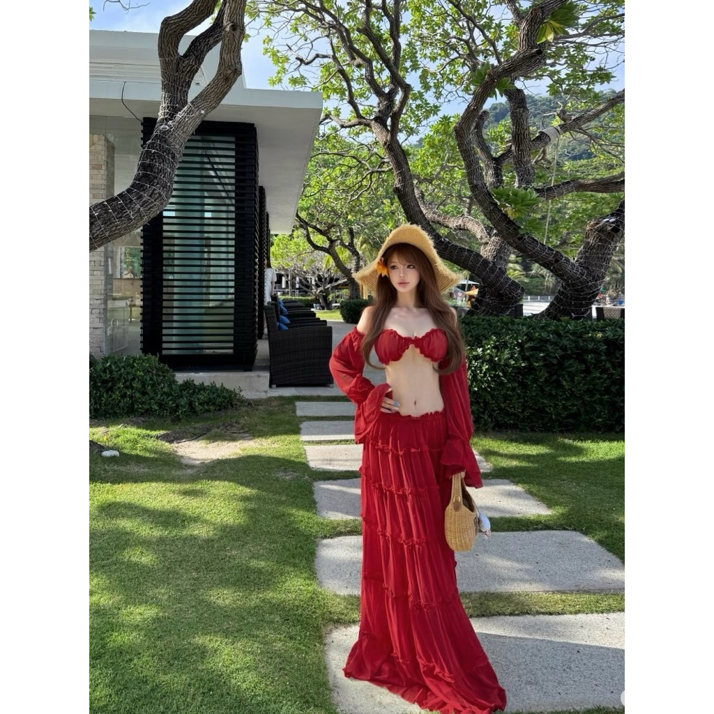 ( Loại 1 ) Set 3 Món Áo Tay Phồng + Quần Bikini + Chân Váy Dài Đi Biển Cao Cấp - 614 | BigBuy360 - bigbuy360.vn