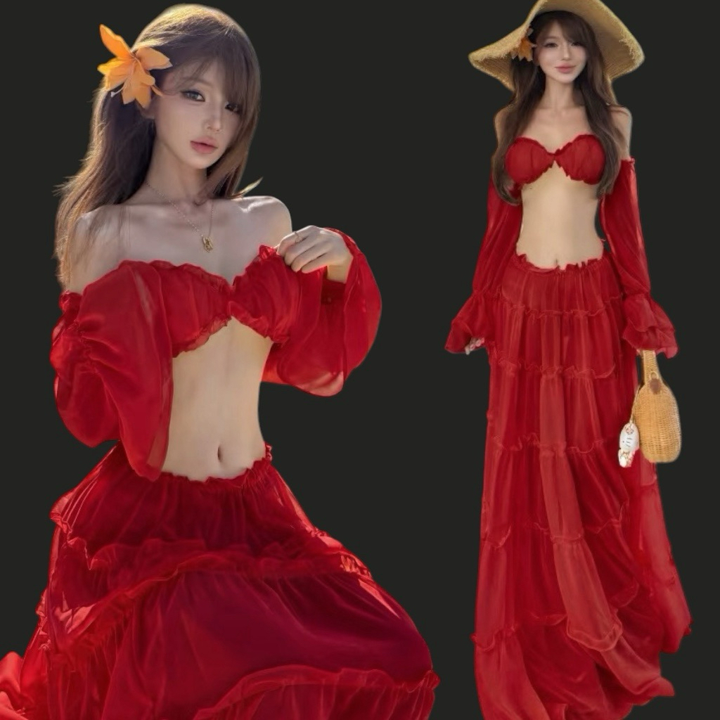 Set 3 Món Áo Tay Phồng + Quần Bikini + Chân Váy Dài Đi Biển