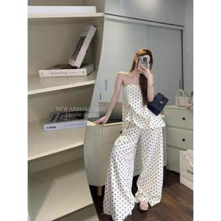 SET CÚP NGỰC QUẦN SUÔNG DÀI CAO CẤP CHẤM BI BE KEM SÁNG, BỘ ĐỒ NỮ LANNIE