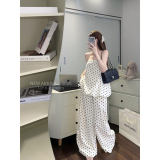 SET CÚP NGỰC QUẦN SUÔNG DÀI CAO CẤP CHẤM BI BE KEM SÁNG, BỘ ĐỒ NỮ LANNIE