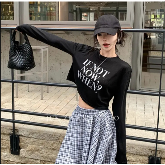 Áo thun dài tay nữ in chữ IF NOT sành điệu thun cotton co giãn thoáng mát thấm hút mồ hôi hình đơn giản trẻ trung thời t